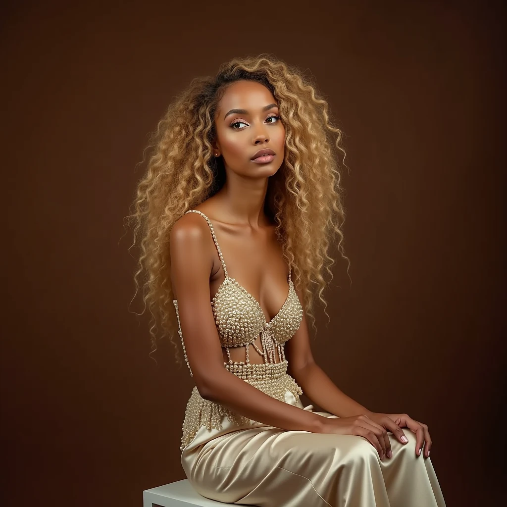 Toffee color skin, beautiful toffee mixed woman with long blond curly hair and extremely detailled clear yellow eyes, She sits on a high white stool and does a magnificent photo shoot she has a beautiful outfit made of white pearl, Outfit made of pearls, she is beautiful, Chocolate brown background