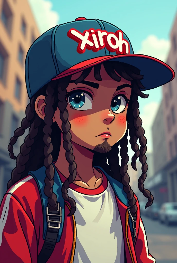 Pixel art of a white-skinned boy with long dreadlocks and a goatee wearing a cap where the text XiroH is written in graffiti style with street wear clothing