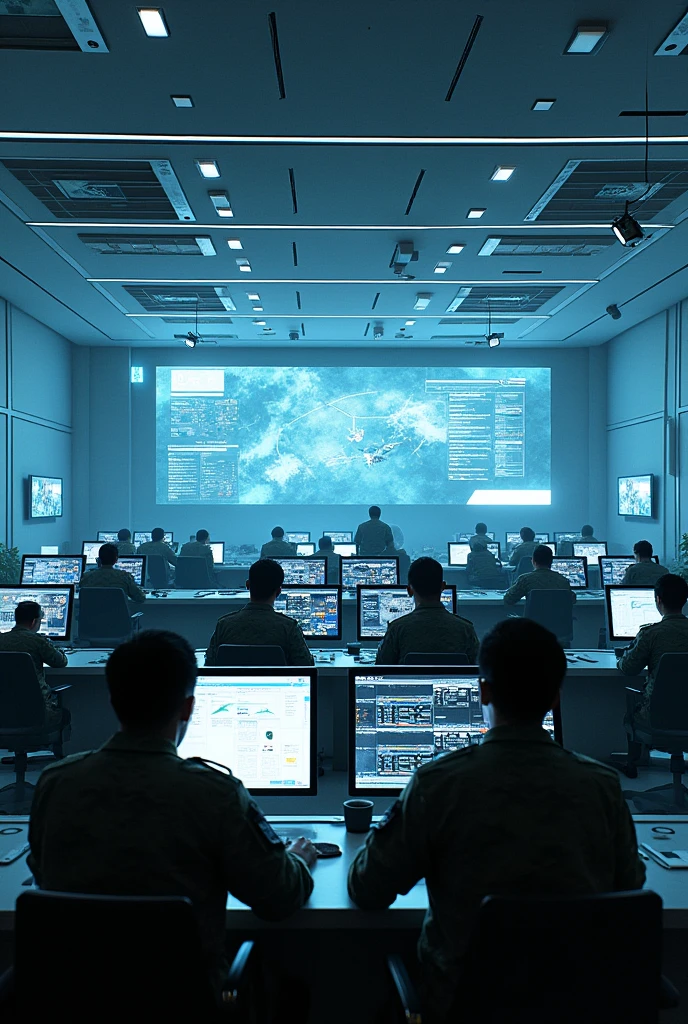 War room, commands and controls room, military, soldier's, big screens, white theem, lights in room,