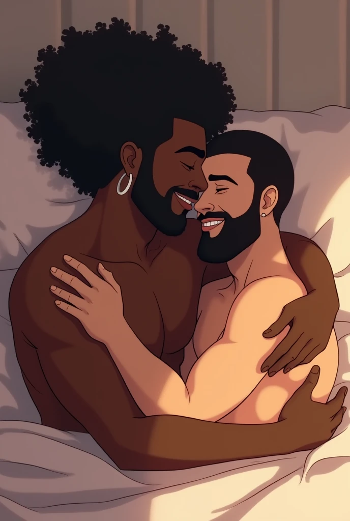 I want an animation of a homosexual and interracial couple. Represent a black man of 1,87 cm tall and 77 kg, with dark skin and curly hair/afro do tipo 4a longo, medium ear hoop, Mustache and goatee, sem beard. the white man with short straight hair, height 1,73 cm and weight 71 kg, beard and goatee. Both lying in bed, hugging.