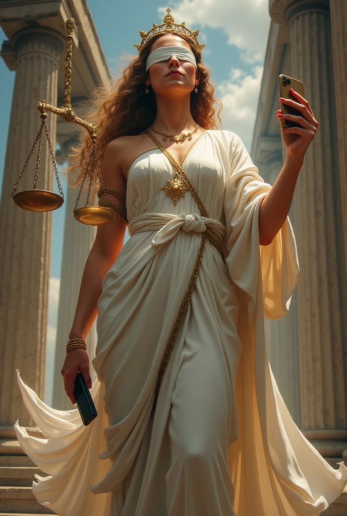 The Justices Woman, Goddess of Justice, Judge, holding scales, blindfolded, woman, powerful, powerful, formidable, holding a mobile phone, beautiful dress, ancient, Greek era