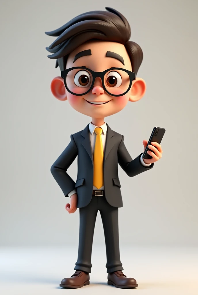 A full body 3D cartoon character. He has a friendly appearance, charismatic and is smiling. The character is a young man with fair skin, dark brown straight hair, bushy eyebrows, big brown eyes and wears glasses. His behavior is cheerful.

The character is dressed formally, wearing a black suit with a yellow tie.

With one hand she is holding a cell phone and with the other she is pointing at the cell phone. The background of the image is neutral, which further highlights the character.