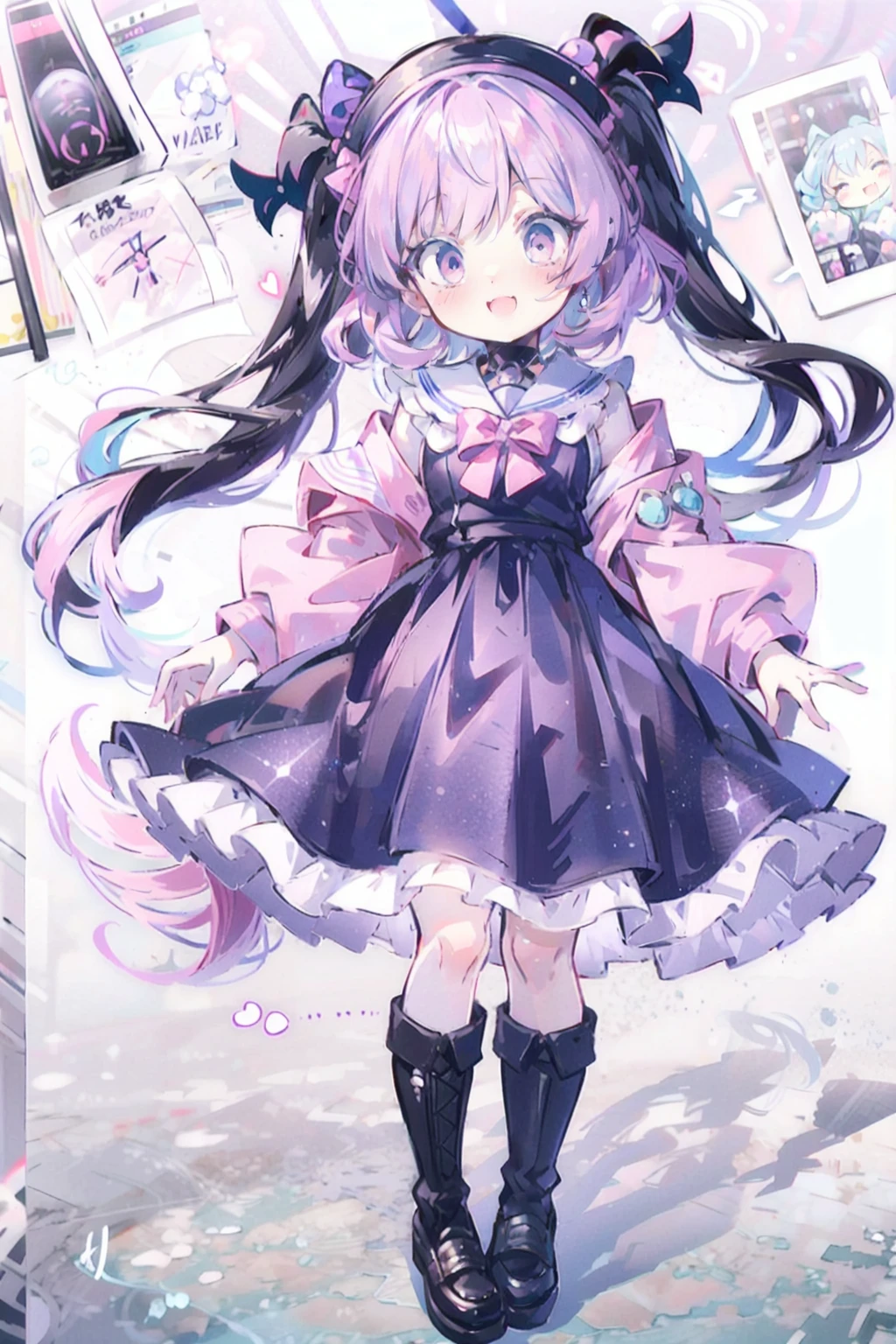 Anime Style、Storytelling、、beautiful girl、とてもcute天使、Pink Gothic Dress、cute、、smile、Long skirt、Black long boots、Very cute headband
