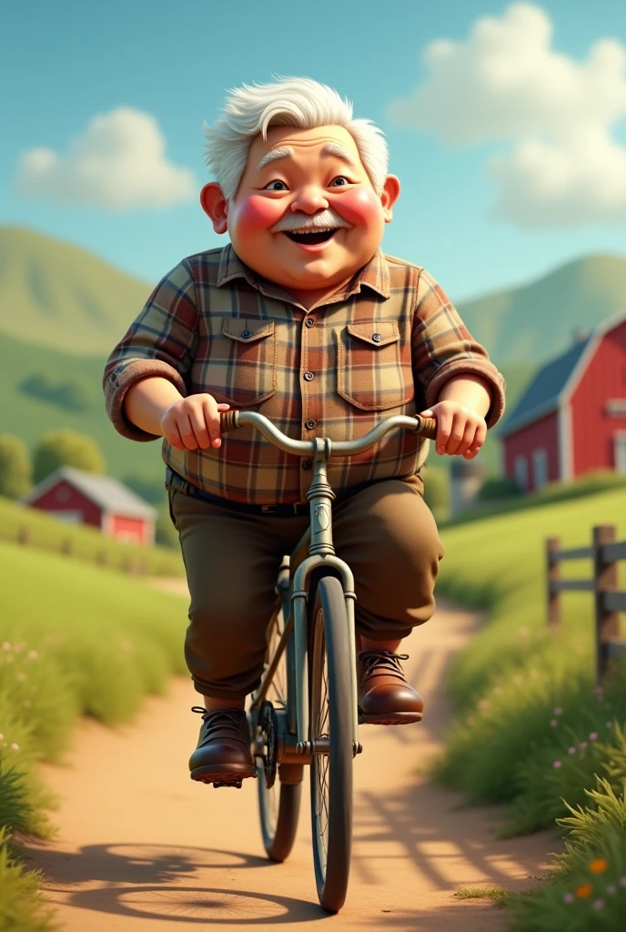 a chubby old man with white hair, plaid shirt on top of old brown bicycle on farm 3D cartoon style, cinematic