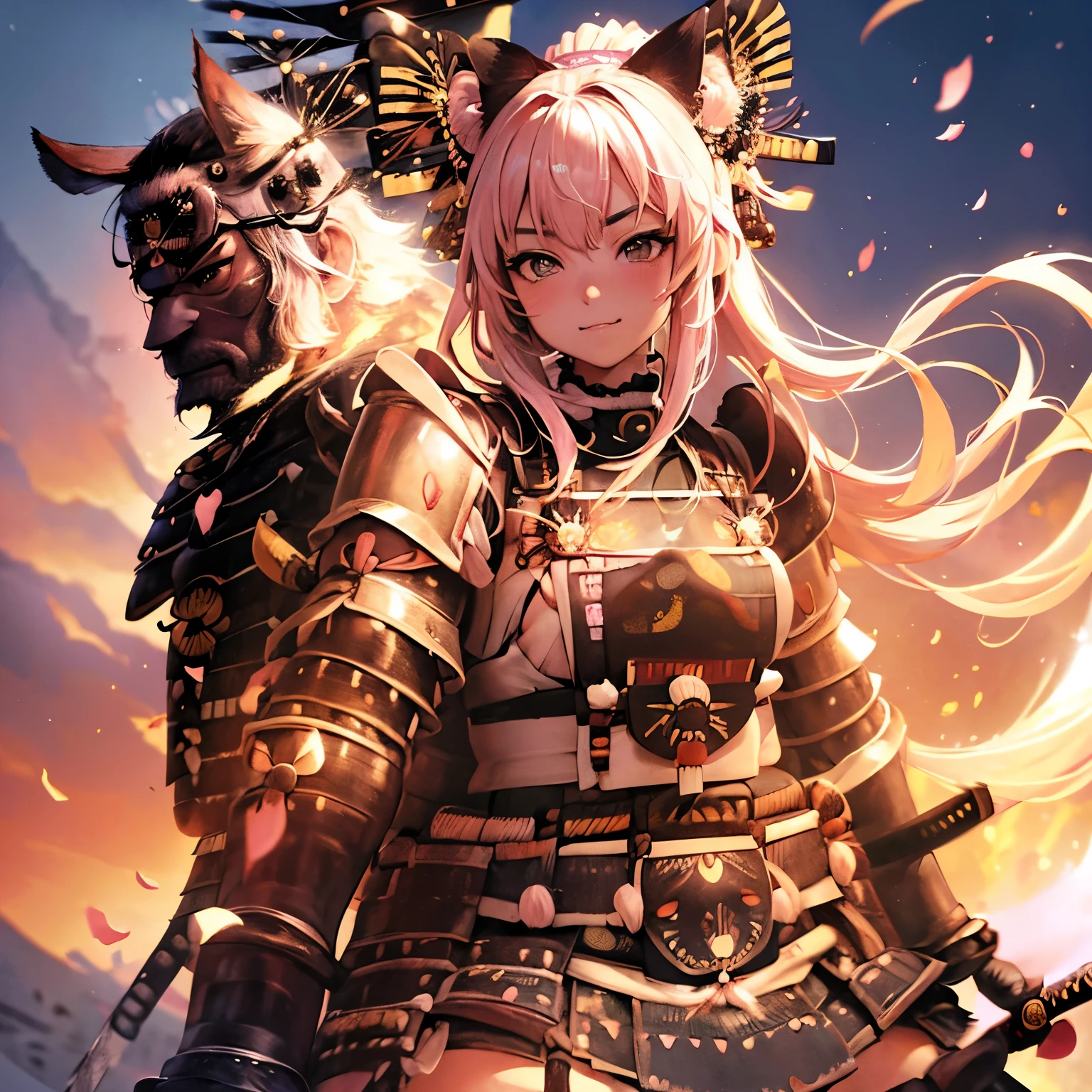 ((Pink twin-tailed beautiful girl 1)) ,(((anime-style cute face)))、Highest quality、超High resolution、High resolution、Extremely detailed CG、8K Unit Wallpaper, Very smiling, (((Cute beautiful breasts))), Beautiful and seductive,Highest quality, Best Anatomy, ((Samurai Armor:1.8))、Big thighs、Muscular、Depth of written boundary、Focus is on the face、blush、Lewd、Model pose、Close-up of face and chest、(Healthy female body)、looking at the camera、grassland、Shot with a standard lens、Photographed from diagonally in front、Full body view、With a bow、Hinomaru Flag