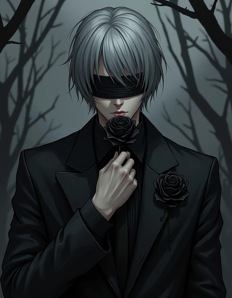 Create a anime style landscape image. Digital artwork featuring a young man with fair tone skin and "silver-gray medium beard" , silver-gray hair. The subject's eyes are covered with a black blindfold, adding a mysterious element to the image. They are dressed in a black suit that appears tattered and worn, with visible tears and holes. The person is holding a black rose close to their face, and another black rose is pinned to their lapel. The background is dark and features thorny branches, enhancing the gothic and somber atmosphere of the piece. The overall style is highly detailed and realistic, with a focus on dark, monochromatic tones.