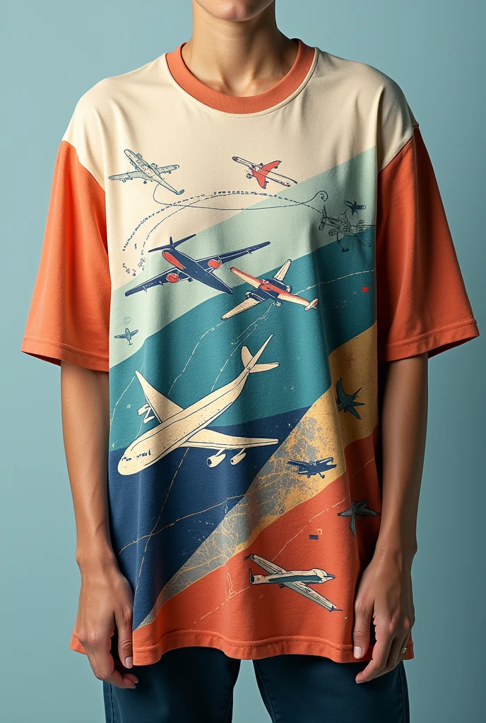 Design a oversized tshirt at 90 degree  with printing in front side of Aviation related concept with small touch of pilot 