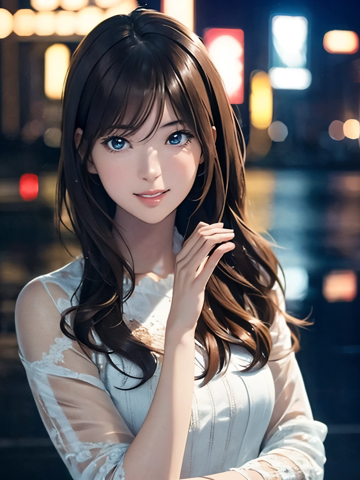 High resolution, 8k, Highest quality, detailed, Semi-realistic anime, Anime 3D Style, Smooth anime CG, One Girl, A 20-year-old Japanese woman, slim, Modeled, Shiny brown hair, detailedな顔, Beautiful and detailed, Glowing Skin, Hard Focus、Film Grain, Soft lighting, Looking at the audience, Laughter, (Elegant Dresses、Sophisticated style that matches the urban atmosphere), Night view of a city lined with skyscrapers