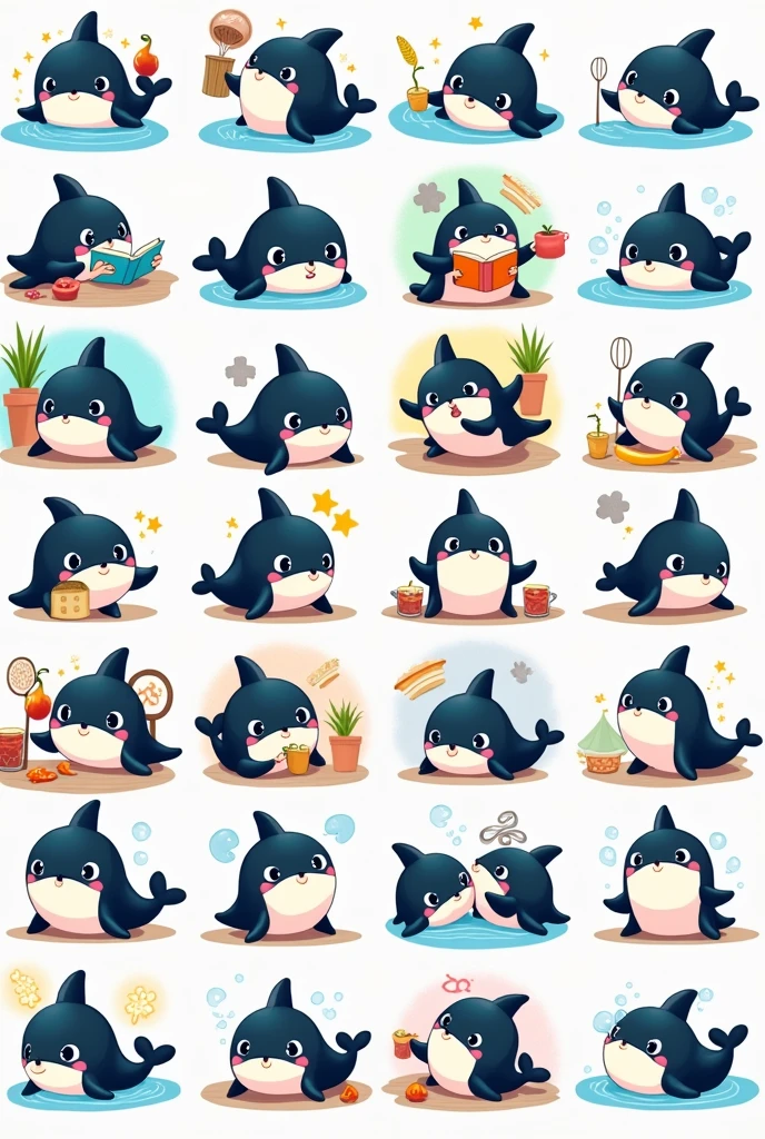 chibi orca whale for sticker organize 24 pictures about manners Orca, such as Orca is eating a fish, Orca reading a book, Orca is cooking, Orca says hello, Orca says good night, Orca says love, Orca is sleeping, Orca playing telephone, Orca is anger, Orca is happy, Orca is washing, Orca is funny, Orca is playing bubble with other Orca, Orca is writing a book, Orca is drawing, Orca is slaping other Orca, Orca is crying, Orca is smiling, Orca is lauging, Orca is singing with microphoe, Orca is dibing, Orca is resing at beach, Orca is tried, Orca plaing with friends
