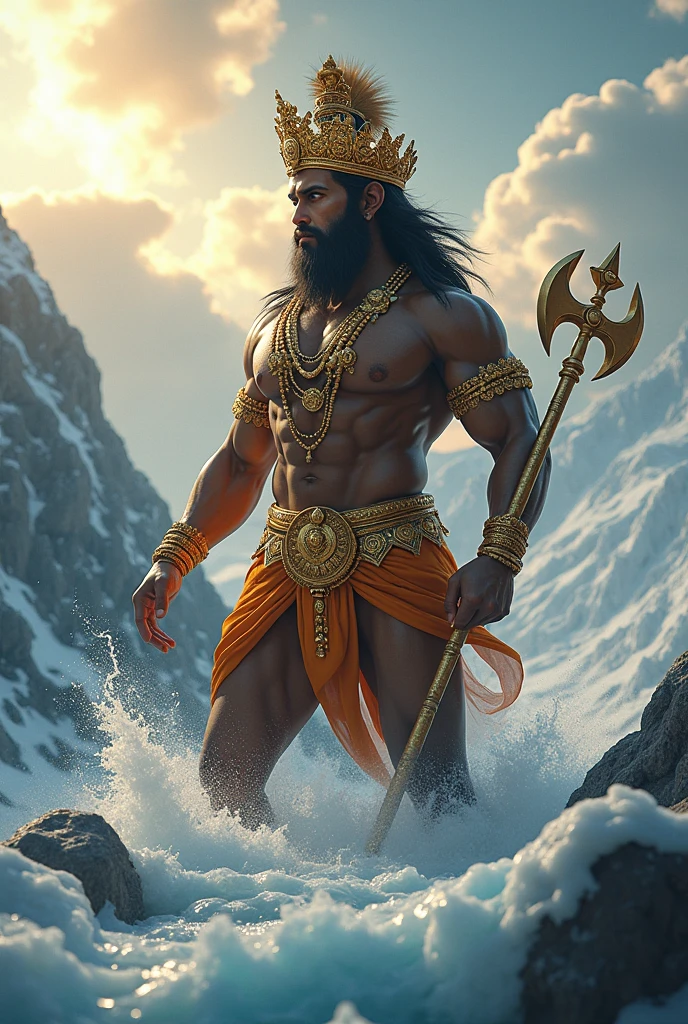 (photorealism:1.2),lord Hanuman wearing crown with gold and with gadha
standing on ice mountain clouds sun light focus on Hanuman beautiful water flowing side view close shot