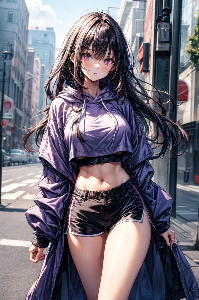 (Sketch)), ((Watercolor)), ((best quality)), ((masterpiece)), (detailed), 4k image, anime style, beautiful young girl, tanned white skin, sharp facial features, arrogant and disdain expression, oval shaped face, full cherry pink lips, big round velvet colored eyes, D-cup breasts, slender and toned body, White colored tight oversized hoodie reaching thighs, dolphin shorts, long Sleek dark violet purple-black hair, flowing waist length hair, narrow waist, full curvy hips, tall height(175cm)