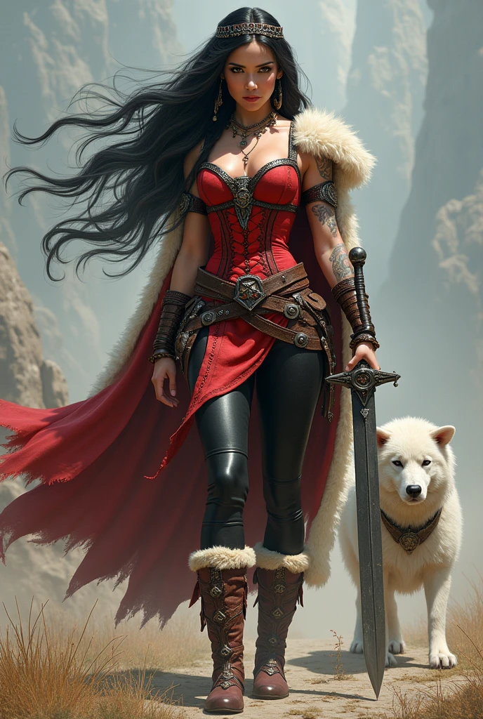 ((((A beautiful woman with long black hair blown by the wind in a red corset with a wide brown leather harness over the corset)))),((((Black legis)))),((((Sheepskin boots with border)))),(((Sheepskin on his shoulders))),(((Tattoos on one of his arms)))),((((Giant Broad-Brimmed Sword)))),(((Black legis))),(((Red boots on sheepdog))),((((Wide silver metal headband with a red star on the front)))),((((Dark silver metal bracelets))))
