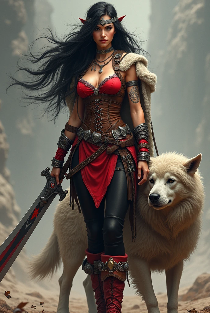 ((((A beautiful woman with long black hair blown by the wind in a red corset with a wide brown leather harness over the corset)))),((((Black legis)))),((((Sheepskin boots with border)))),(((Sheepskin on his shoulders))),(((Tattoos on one of his arms)))),((((Giant Broad-Brimmed Sword)))),(((Black legis))),(((Red boots on sheepdog))),((((Wide silver metal headband with a red star on the front)))),((((Dark silver metal bracelets))))