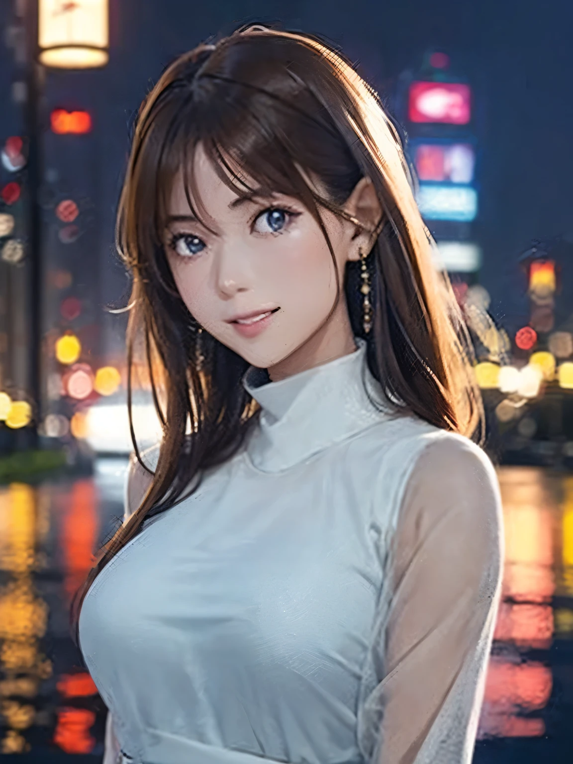 High resolution, 8k, Highest quality, detailed, Semi-realistic anime, Anime 3D Style, Smooth anime CG, One Girl, A 20-year-old Japanese woman, slim, Modeled, Shiny brown hair, detailedな顔, Beautiful and detailed, Glowing Skin, Hard Focus、Film Grain, Soft lighting, Looking at the audience, Laughter, (Elegant Dresses、Sophisticated style that matches the urban atmosphere), Night view of a city lined with skyscrapers