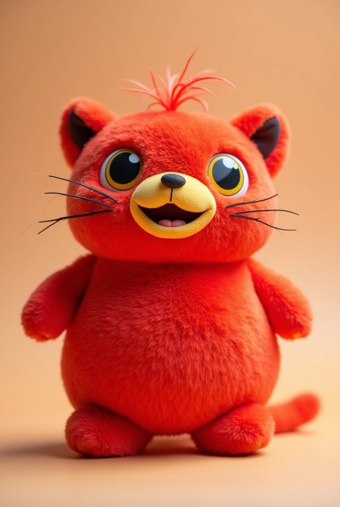 Red plush toy with yellow eyes and yellow mouth , without hair