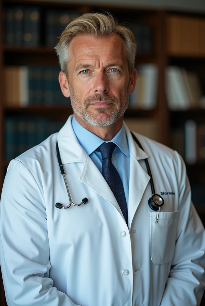 Create a photo of a strong doctor with well-cut hair and blue eyes, photo taken inside his office, leave him with blonde hair, perfect, Now give it to me from another angle. Shoot the same man from another angle. Take the last picture of this same man but without his work uniform this time
