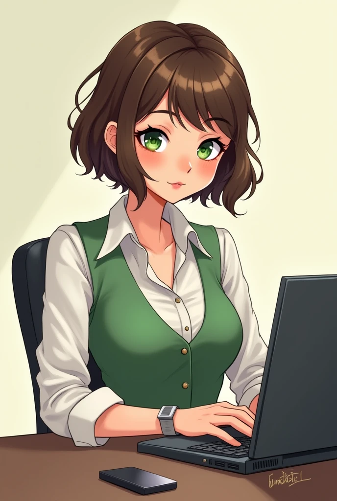 art mignon, art simple , femme, yeux vert, cheveux brun très court, tenu professionnel, un ordinateur sur un bureau, dessin