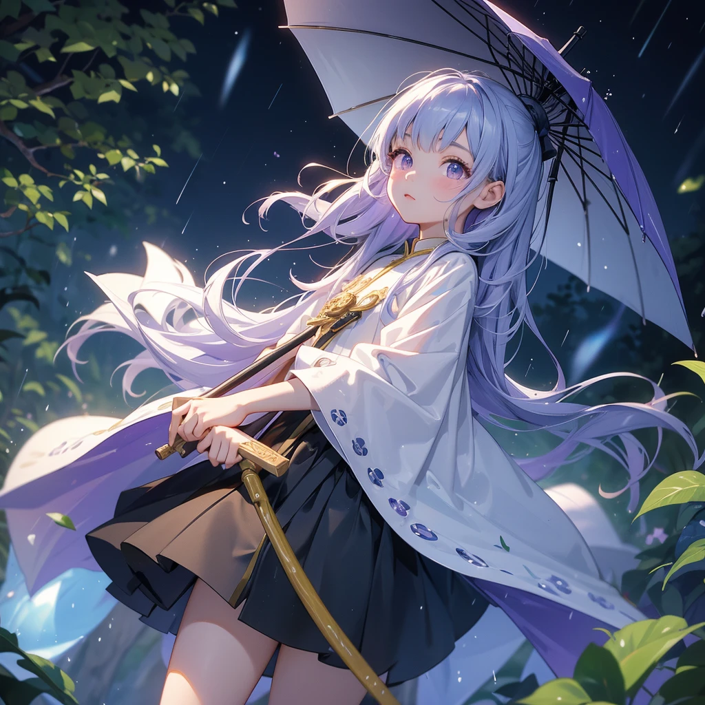 A chibi child girl had a small face and Wearing white little Taoist priest's outfit. A pair of big round eyes shone with curiosity about him. This child was so cute, Background is a dark moonless night, with dry trees in the background, and purple glowing light
Stand holding an umbrella to protect from the rain. Rain fell and splashed around. There are water droplets falling on the leaves in the surrounding area, green and moist, the atmosphere after rain.