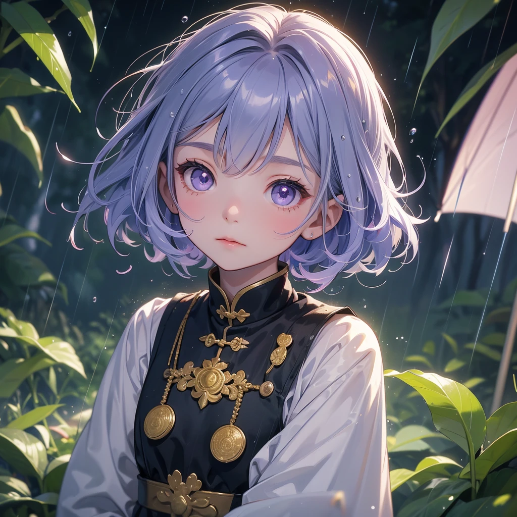 A chibi child girl had a small face and Wearing white little Taoist priest's outfit. A pair of big round eyes shone with curiosity about him. This child was so cute, Background is a dark moonless night, with dry trees in the background, and purple glowing light

Stand holding an umbrella to protect from the rain. Rain fell and splashed around. There are water droplets falling on the leaves in the surrounding area, green and moist, the atmosphere after rain.