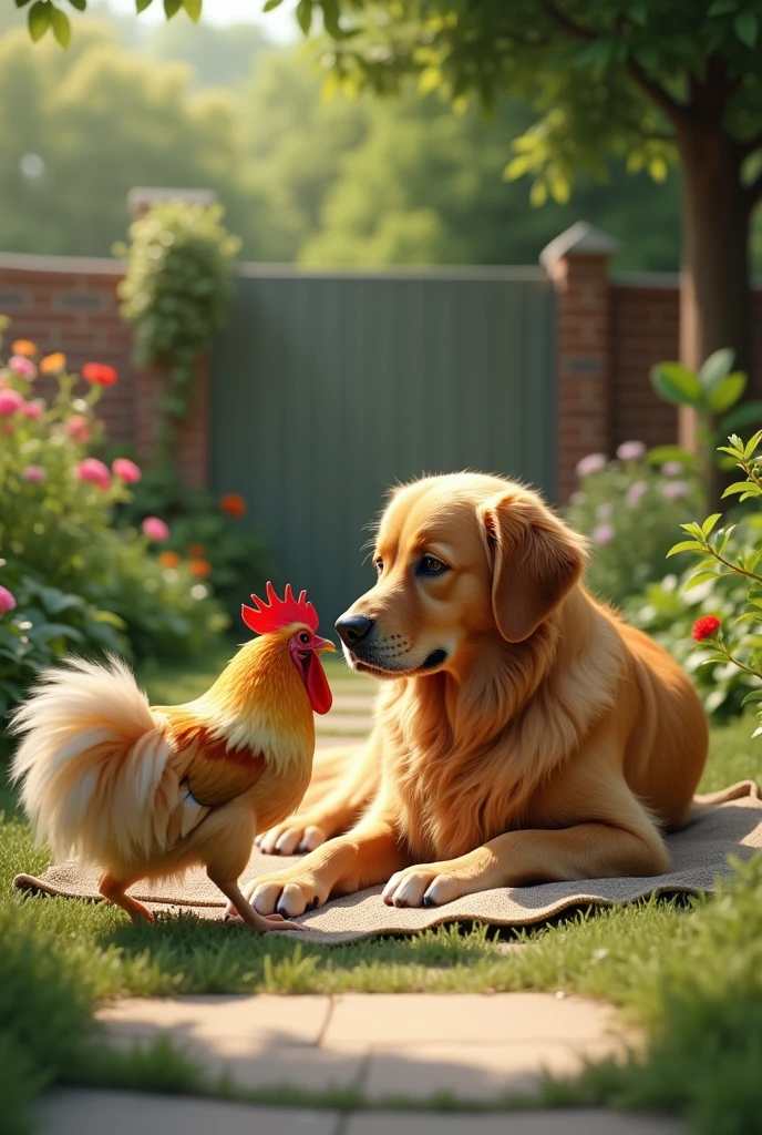 A female GOLDEN RETRIEVER dog, honey colored coat, lying in a residential garden,e um galo pequeno brigando com um cachorro da raça SPITZ ALEMÃO de honey colored coat 