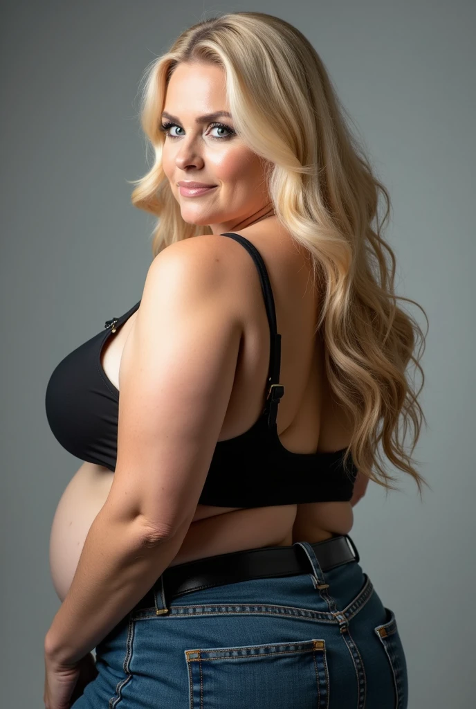 A 2 obese fat pale blonde blue eyed woman 40 years wearing a fit jumpsuit, proffessional light, photostudio with led red color, photo from the back