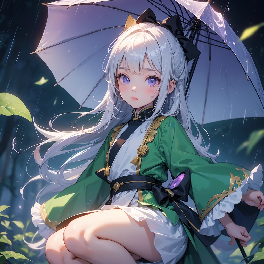 A chibi child girl had a small face and Wearing white little Taoist priest's outfit. A pair of big round eyes shone with curiosity about him. This child was so cute, Background is a dark moonless night, with dry trees in the background, and purple glowing light

Stand holding an umbrella to protect from the rain. Rain fell and splashed around. There are water droplets falling on the leaves in the surrounding area, green and moist, the atmosphere after rain.