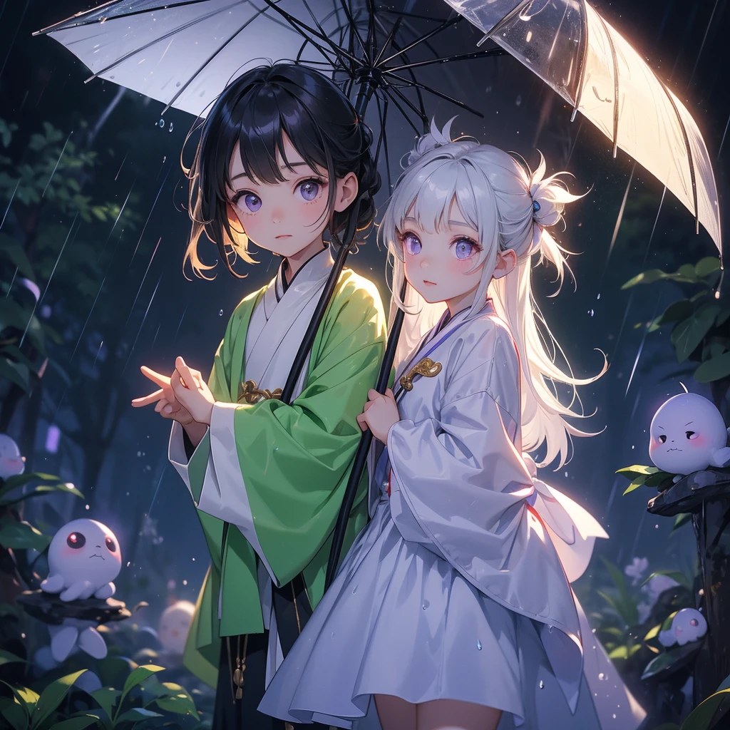 A chibi child girl had a small face and Wearing white little Taoist priest's outfit. A pair of big round eyes shone with curiosity about him. This child was so cute, Background is a dark moonless night, with dry trees in the background, and purple glowing light
Stand holding an umbrella to protect from the rain. Rain fell and splashed around. There are water droplets falling on the leaves in the surrounding area, green and moist, the atmosphere after rain.