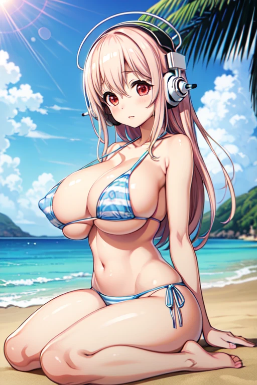 (8k, RAW photo, best quality),Super Sonico enjoying the beautiful beach scenery, with her red eyes shining and headphones on, sitting on the sand in a white and blue striped bikini, massive breasts, huge breasts, 1girl, solo, open breasts, nipples, nsfw,