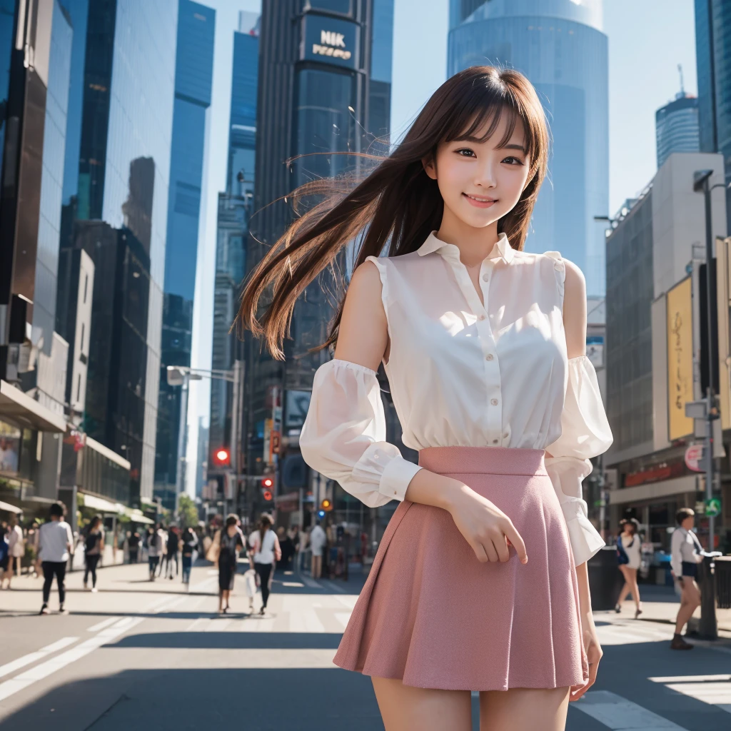 master piece,full body,ducktailhair,Highest quality,Very detailed,Nikon D850 film stock photo, 1 1 1.6 Lenses, Rich colors, Realistic, Cinestill 800, Backlight, Rim Light, Studio Lighting,a girl, one girl,solo focus,alone,8k,raw photo,Japanese women,Age 25,Fair skin,Beautiful eyes,Clear,Detailed eyes,Blush (applied to the face)smile,teeth ,e cup bust,Medium chest,mini skirt,background:In a city lined with skyscrapers,one girl