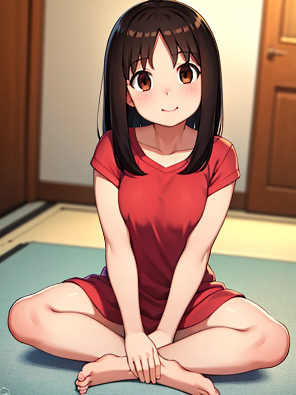 (masterpiece, Highest quality:1.2),figure,8k,High resolution,1 person,alone, (((masterpiece))),(((Highest quality))),(((Very detailed))), figure, 1 person, Azumanga Daioh, Ayumu Kasuga, Azumanga Daioh's ,  , Seraph, smile, Seraphクローズ, boca abierta alone, Bright colors, bright, Strike a bold pose,(Brown eyes), whole body, barefoot, Volumetric lighting, Multicolored Eyes, Fine grain, Very detailed, Open your mouth,Bloomers，Spread your legs wide，Sensitive， Very detailed, beautiful, The finer details, Ultra-detailed, Highest quality, Complex, 4K, 8k, Art Station Trends, Excellent anatomy, beautiful lighting, Awards, Small breasts, indoor，