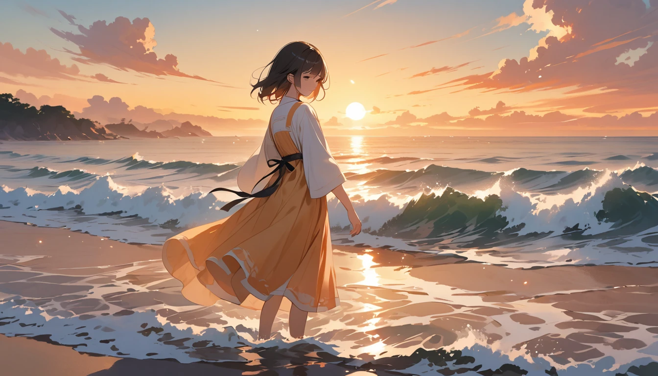 「Coastline where the sun sets、The waves gently crash。One boyish brown-haired girl、Standing calmly。She touches the headphones with one hand.、Listening to pleasant music。A warm orange sunset spreads in the background.、The sound of the quiet sea echoes。」