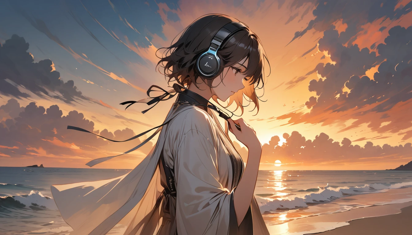 「Coastline where the sun sets、The waves gently crash。One boyish brown-haired girl、Standing calmly。She touches the headphones with one hand.、Listening to pleasant music。A warm orange sunset spreads in the background.、The sound of the quiet sea echoes。」
