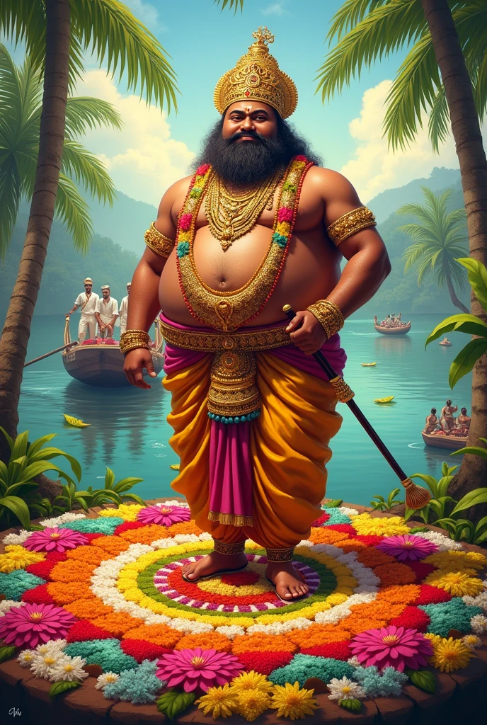 Create a vibrant Onam festival poster that highlights the cultural essence of Kerala. The poster should prominently feature fat King Mahabali, depicted as a kind and majestic figure wearing traditional attire with a golden crown and elaborate jewelry. Surround him with an intricate Athapookalam (floral rangoli) at his feet, made of vivid, colorful flowers arranged in a beautiful circle pattern. In the background, include a traditional Kerala snake boat (Chundan Vallam), elegantly gliding through the serene backwaters, with rowers in traditional white attire. The overall color scheme should be festive, with bright, warm colors symbolizing the joy and prosperity of Onam."