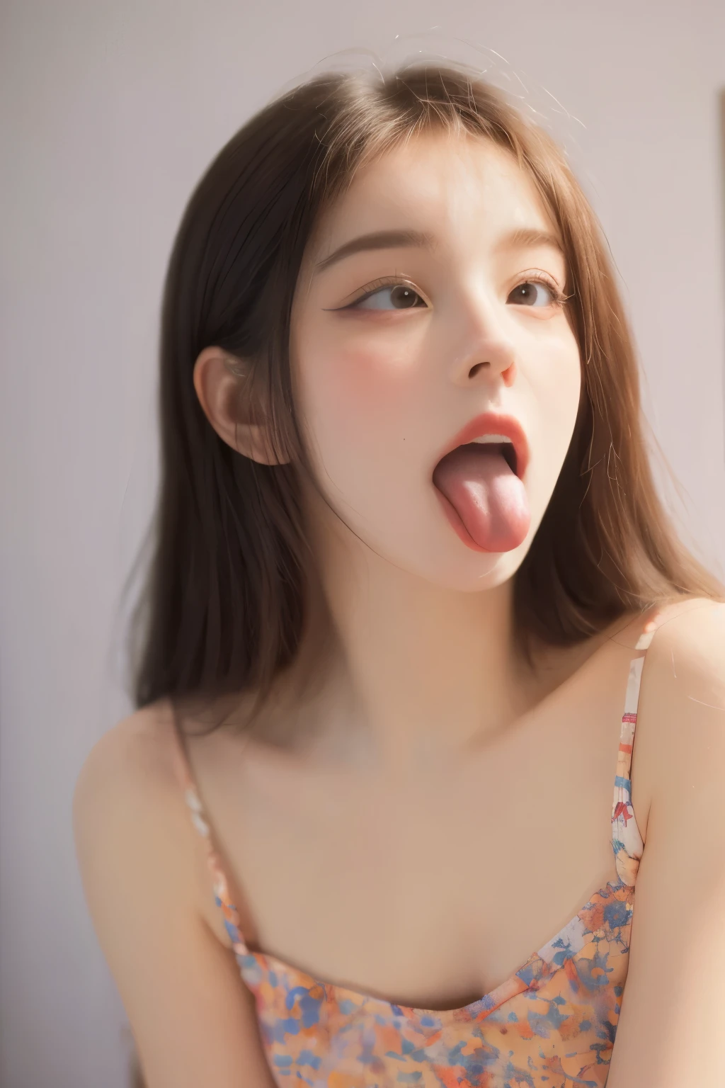 ahegao!)[((  the expression , little face, little body, long tongue,  Extreme detailing, very ,Complex key, ((Single Shot)), ((Best Quality)), ((Masterpiece)) , ( (Realistic)), (IDEAL), 8K, impressionism: 0.2 