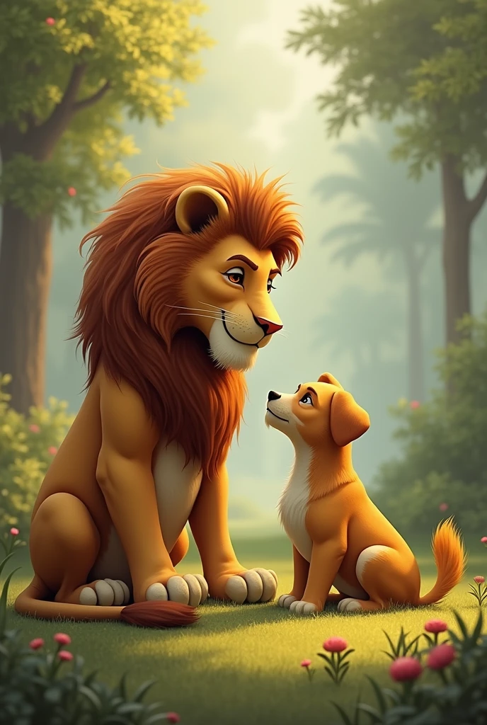 The lion and the dog are sitting together. Talk to each other