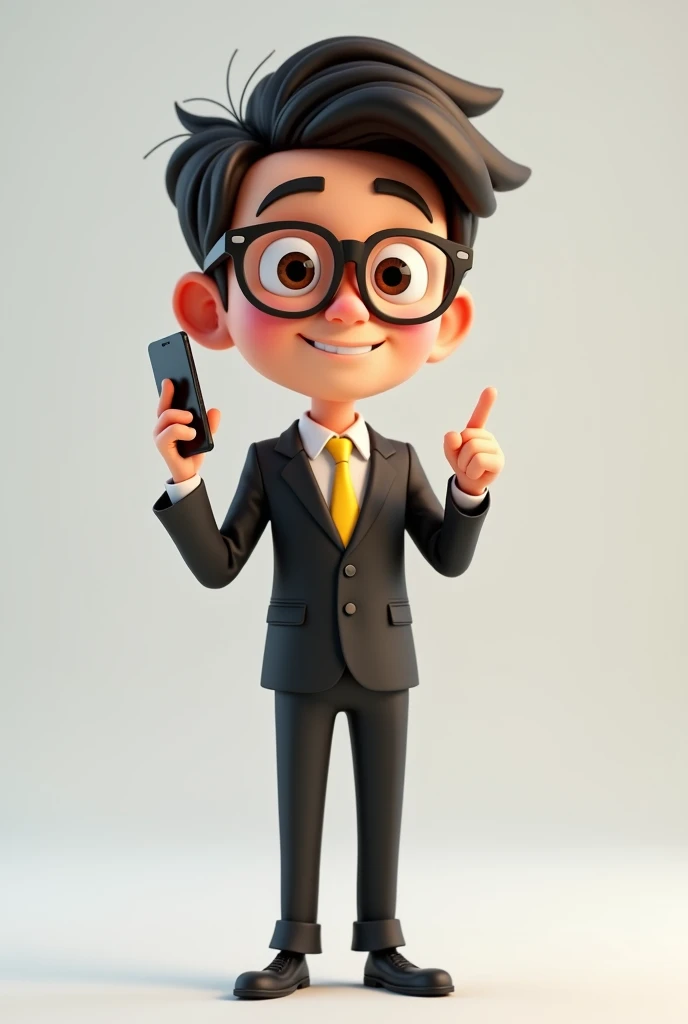 A full body 3D cartoon character. He has a friendly appearance, charismatic and is smiling. The character is a young man with fair skin, dark brown straight hair, bushy eyebrows, big brown eyes and wears glasses. His behavior is cheerful.
The character is dressed formally, wearing a black suit with a yellow tie.
With one hand she is holding a cell phone and with the other she is pointing at the cell phone. The background of the image is neutral, which further highlights the character.