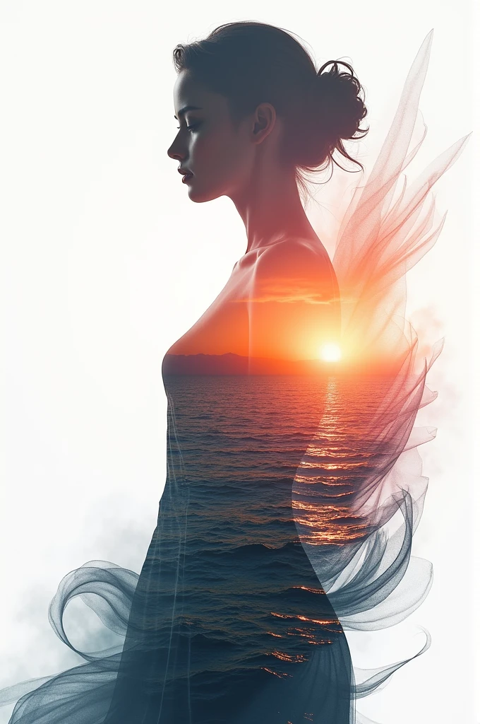 high quality, 8K Ultra HD, A beautiful double exposure that combines an goddess silhouette with sunset coast, sunset coast should serve as the underlying backdrop, with its details incorporated into the goddess , crisp lines, The background is monochrome, sharp focus, double exposure, by yukisakura, awesome full color,