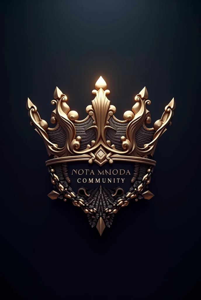 create name "NOVA MODA COMMUNITY" in 3d, crown inspired, canons, chains