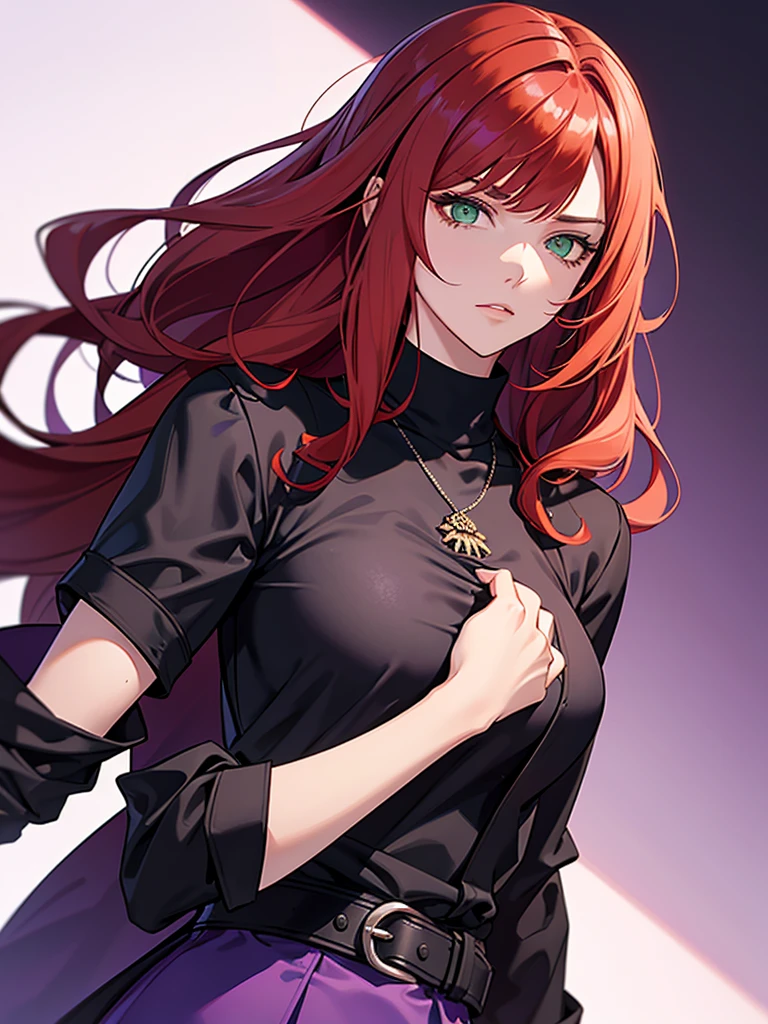 green eyes, red hair with long bangs, noble. sadistic women, wavy long hair. strong woman. purple outfit. she quiet. wear black jacket and dark purple t shirt. background in lab. she is mafia