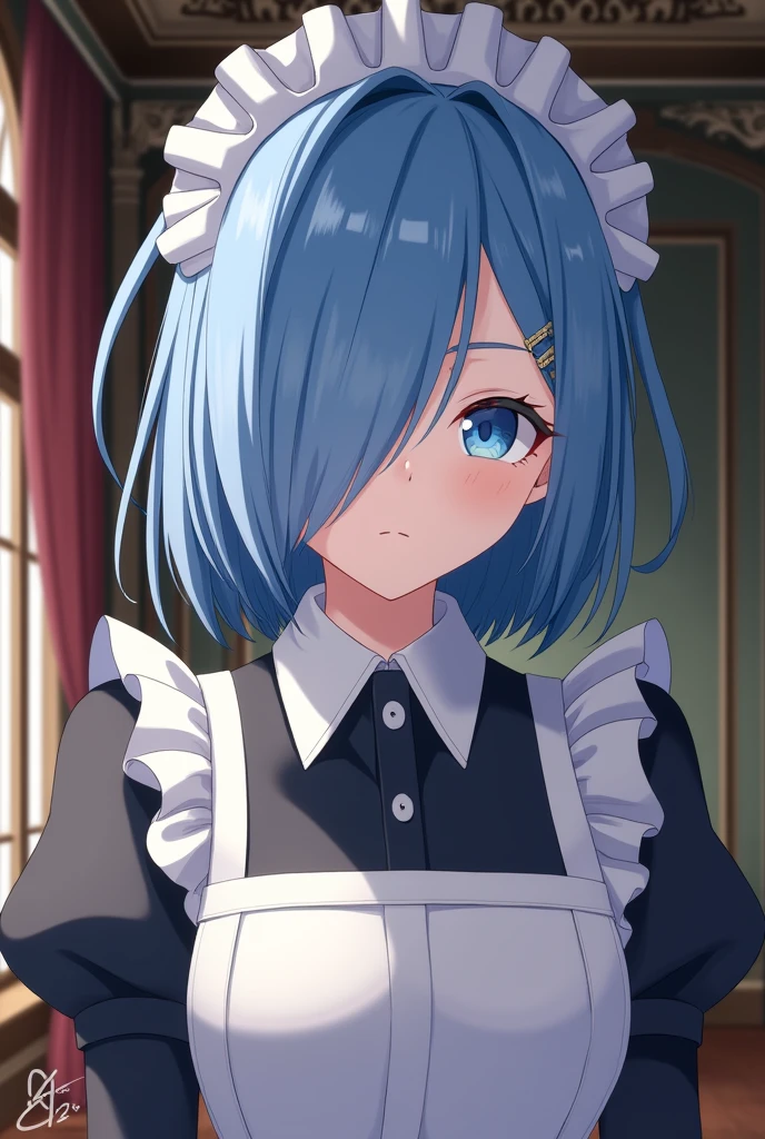 rem \(re:zero\), (hair over one eye:1.2), roswaal mansion maid uniform,