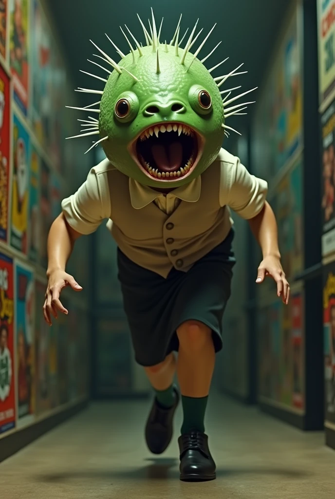 ((Highest quality)), ((photorealistic, hyperrealistic photo, portrait)), (front), (Screaming Pufferfish:1.6), (The upper half of the pufferfish is green.), (Short sleeves), ((No hair)), (The Kusafugu has 20% of the facial features of a human female.), (horror movie posters:1.5), ((Jason:1.8)), (クサフグ対Jason), A pufferfish with a very realistic head, A woman with a human body, オフホワイトで襟付きのShort sleevesシャツに薄茶色のベストを着てひざ丈の黒いスカートに濃い緑色の短い靴下と黒の靴を履いてる, Jasonに追われて全力で走っている, Photorealistic images,