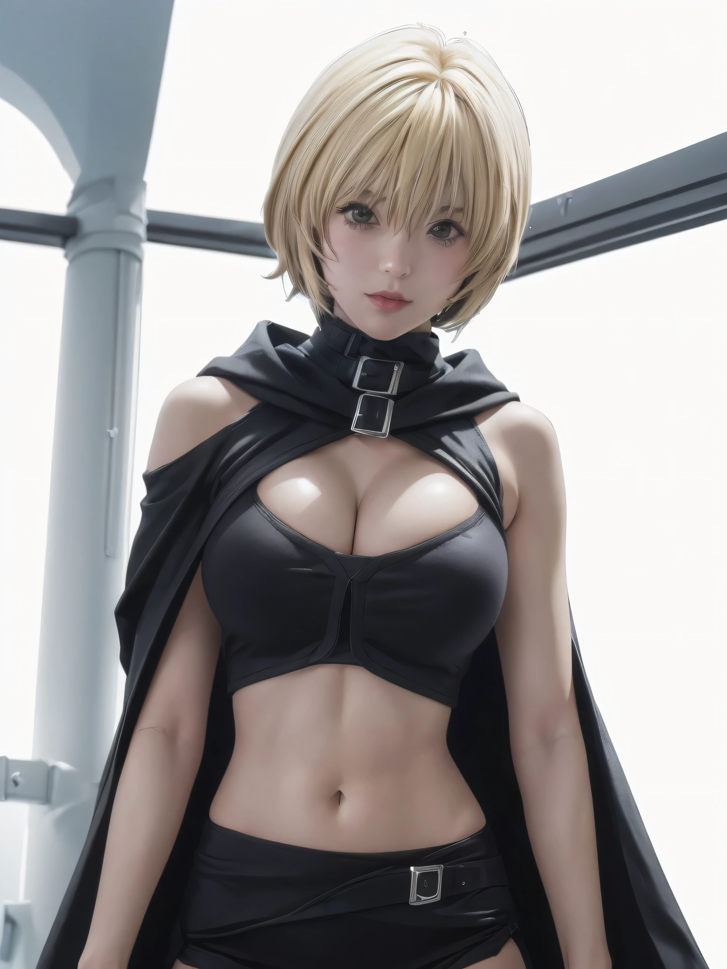 kurosaki mea、最high quality、high quality,, ((Masseter muscle area)), ((High resolution)), ((最high quality)), detailed, ((Glowing Skin)), ((huge 、Blonde、Short Bob))、(Black Bondage, Waist Cloak, Black shorts), Voluptuous bust, exposed navel, Bowl-shaped big breasts, (View from the front、Looking at the audience:1.5)、((background:White Room:1.4))