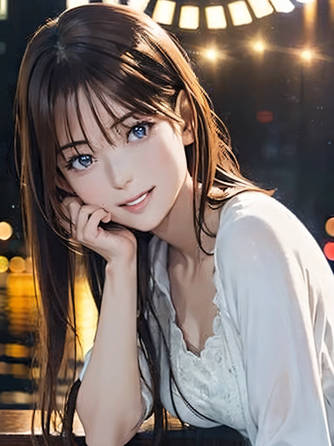 High resolution, 8k, Highest quality, detailed, Semi-realistic anime, Anime 3D Style, Smooth anime CG, One Girl, A 20-year-old Japanese woman, slim, Modeled, Shiny brown hair, detailedな顔, Beautiful and detailed, Glowing Skin, Hard Focus、Film Grain, Soft lighting, Looking at the audience, Laughter, (Elegant Dresses、Sophisticated style that matches the urban atmosphere), Night view of a city lined with skyscrapers