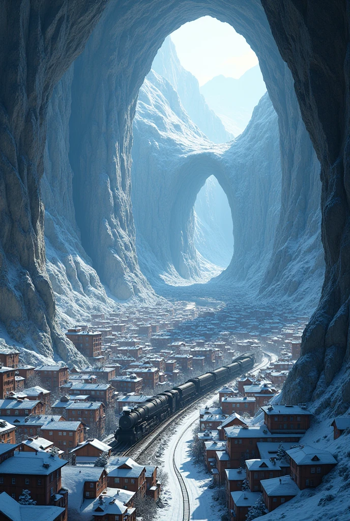 100 hudreds of houses and huge tunel for train in huge snowy hole