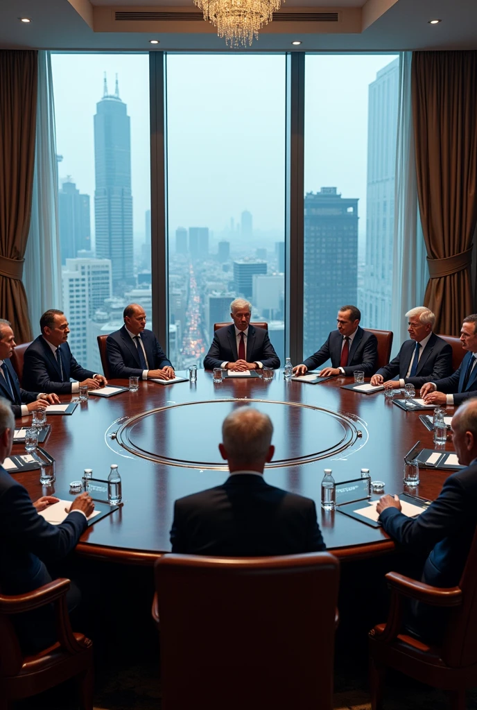 Convention of presidents using their fingerprints and facial recognition at a round table to approve a project . Panoramic view