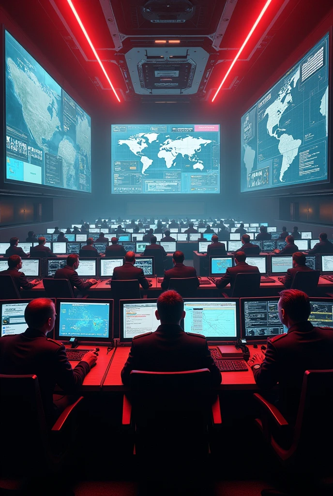 War room, commands and controls room, military, soldier's, big screens, red theme , lights in room,