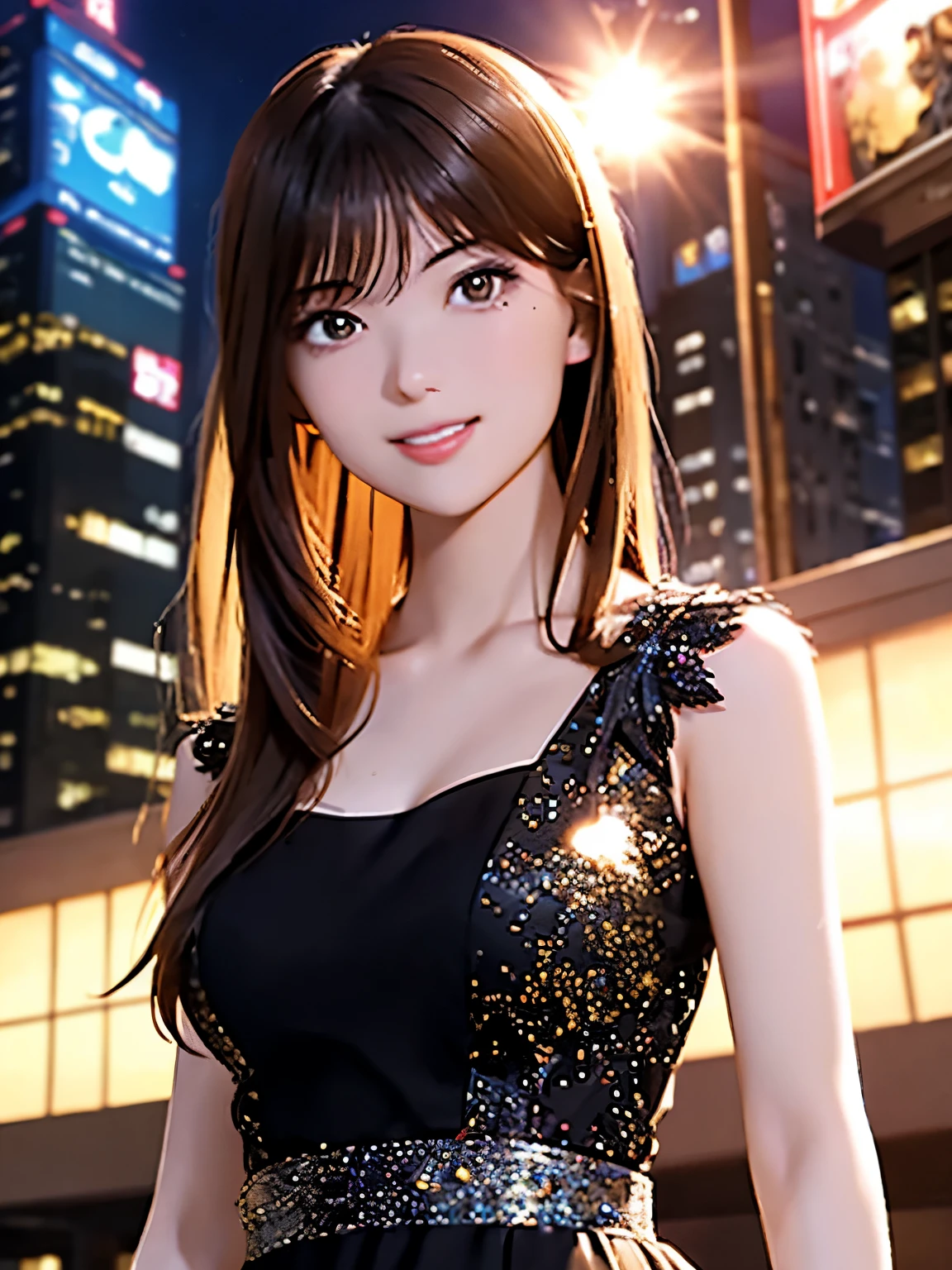 High resolution, 8k, Highest quality, detailed, Semi-realistic anime, Anime 3D Style, Smooth anime CG, One Girl, A 20-year-old Japanese woman, slim, Modeled, Shiny brown hair, detailedな顔, Beautiful and detailed, Glowing Skin, Hard Focus、Film Grain, Soft lighting, Looking at the audience, Laughter, (Elegant Dresses、Sophisticated style that matches the urban atmosphere), Night view of a city lined with skyscrapers