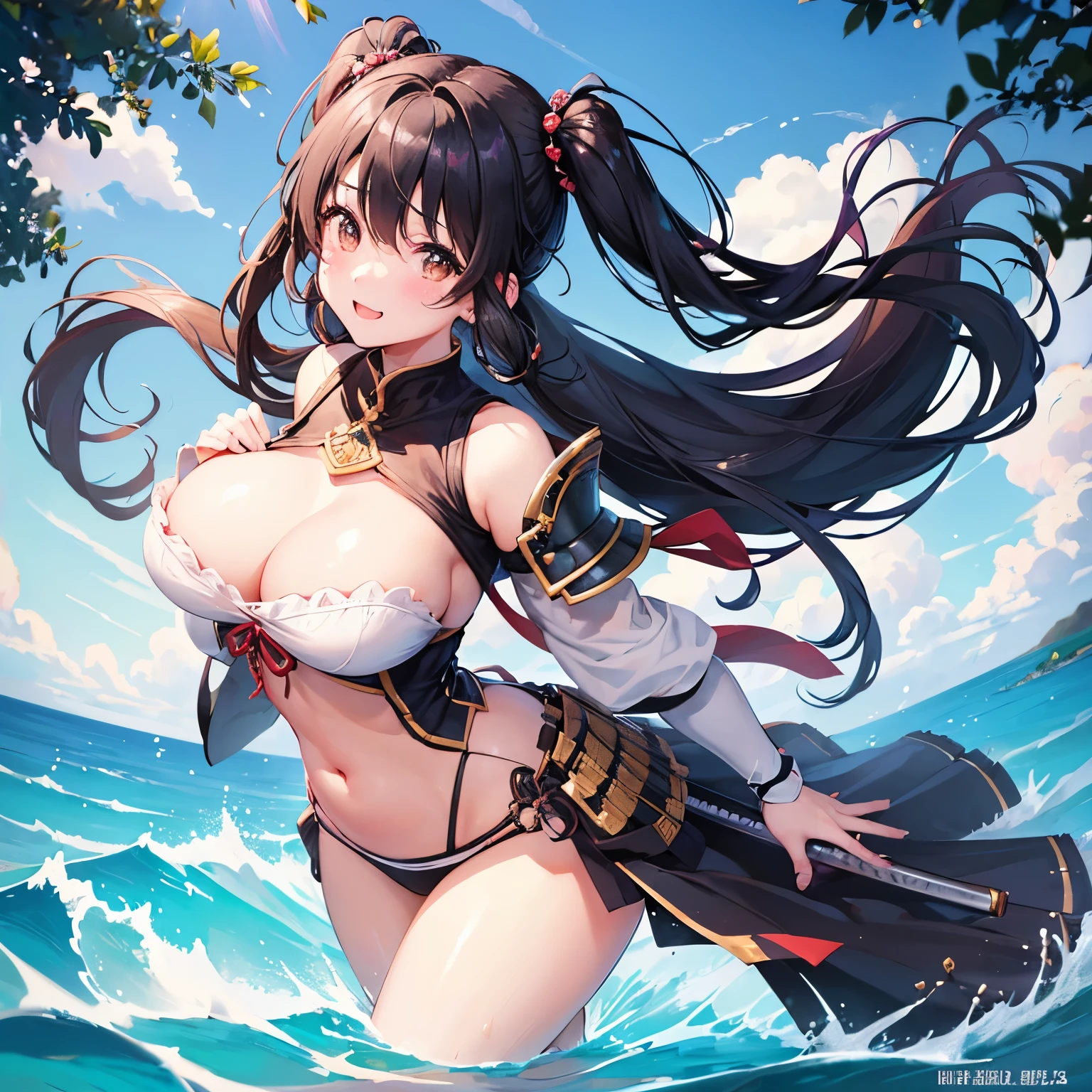((Beautiful girl with black hair in twin tails, 1)) ,(((anime-style cute face)))、Highest quality、超High resolution、High resolution、Extremely detailed CG、8K Unit Wallpaper, Very smiling, (((Cute beautiful breasts))), Beautiful and seductive,Highest quality, Best Anatomy, ((Japan samurai armor))、High skin exposure、Belly button、Big thighs、Very muscular、Depth of written boundary、Focus is on the face、blush、Lewd、Model pose、Close-up of face and chest、(Healthy female body)、looking at the camera、grassland、Shot with a standard lens、Photographed from diagonally in front、Full body view