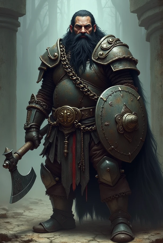 A gloomy, grim fantasy dwarf in full chain armour, (no rust), middle aged man, with long black beard, which is braided, decorated with iron rings, long black hair, which are braided, decorated with iron rings, holds a battle axe in one hand and an iron shield in the other