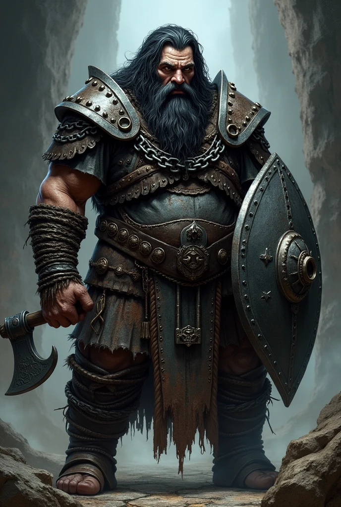 A gloomy, grim fantasy dwarf in full chain armour, (no rust), middle aged man, with long black beard, which is braided, decorated with iron rings, long black hair, which are braided, decorated with iron rings, holds a battle axe in one hand and an iron shield in the other